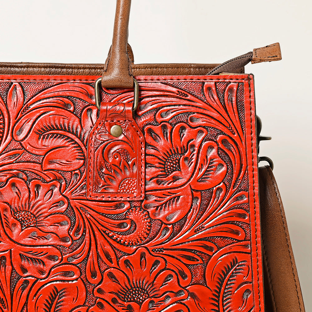 ADBG1317 Red Tooled Leather Western Tote Bag - Floral Hand-Carved Shoulder Purse