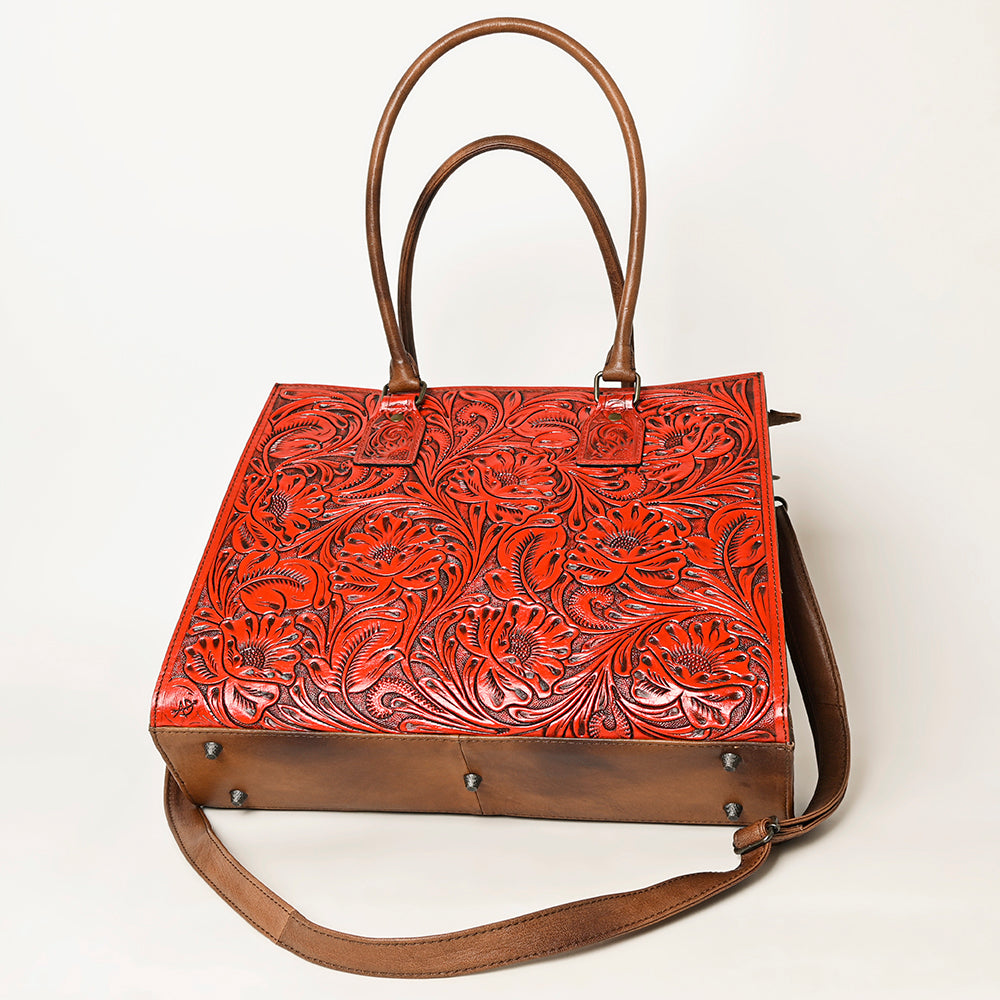 ADBG1317 Red Tooled Leather Western Tote Bag - Floral Hand-Carved Shoulder Purse