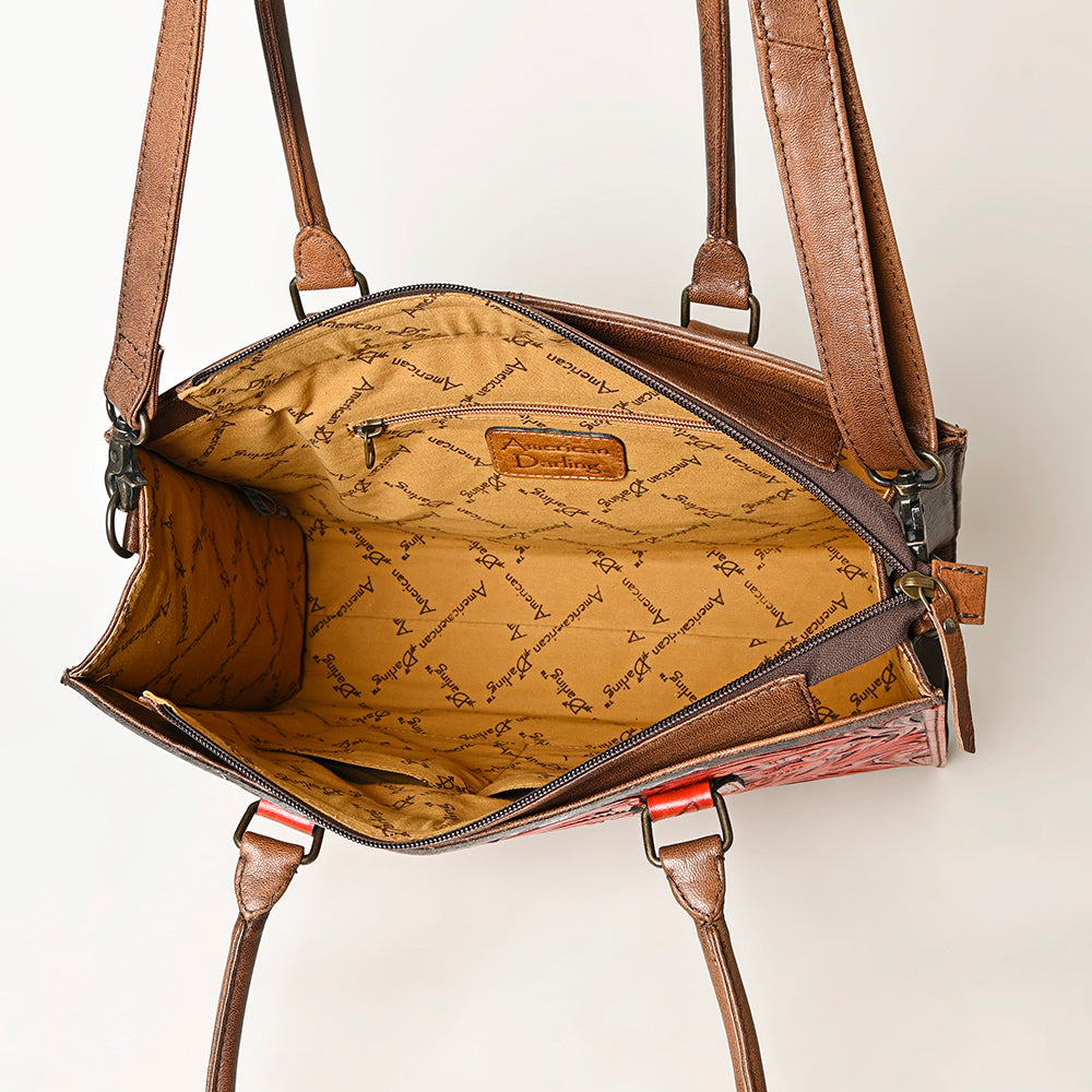 ADBG1317 Red Tooled Leather Western Tote Bag - Floral Hand-Carved Shoulder Purse