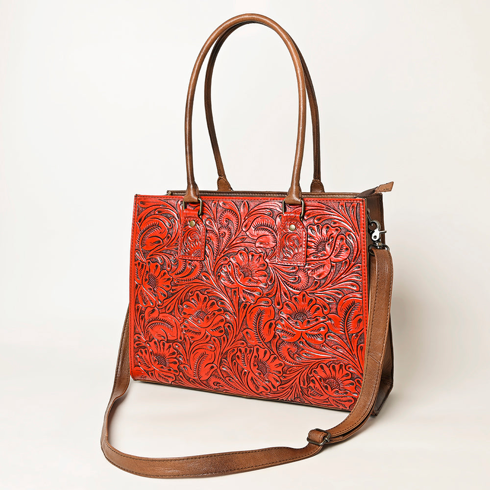 ADBG1317 Red Tooled Leather Western Tote Bag - Floral Hand-Carved Shoulder Purse