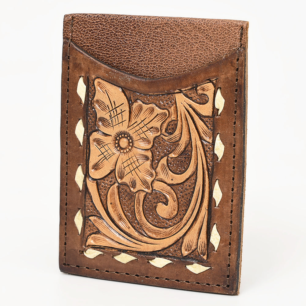 ADCCG102 Brown Hand-Tooled Leather Card Wallet - Vertical Floral Design with Diamond Accents