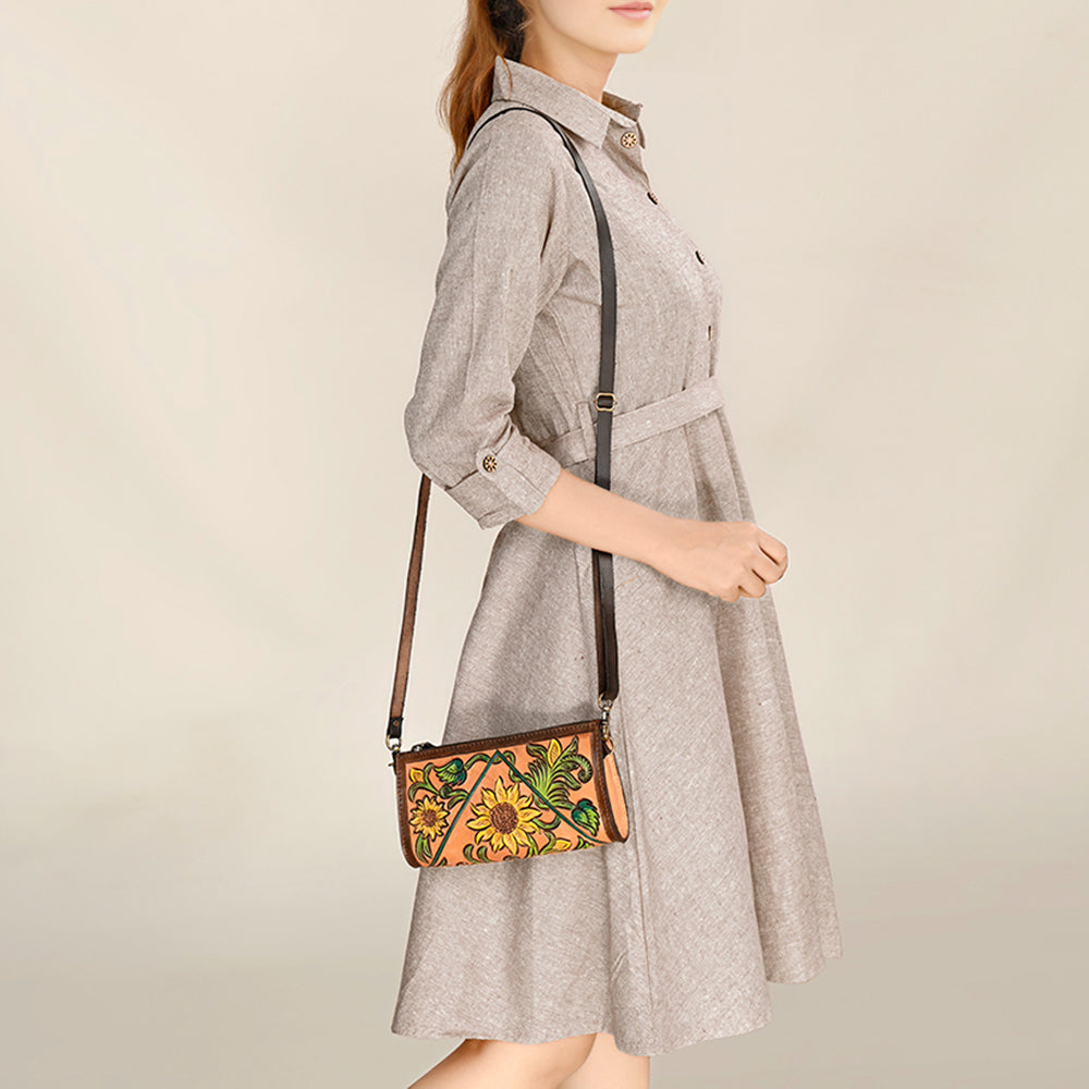 ADBGA469 American Darling Sunflower Crossbody Hand-Tooled Leather Floral Western Bag