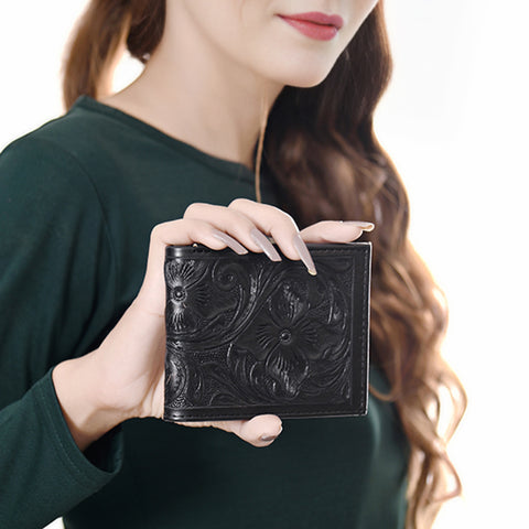 American Darling Hand Tooled Leather Bifold Wallet -Floral Carved Purse