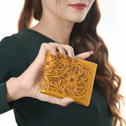 American Darling Hand Tooled Leather Bifold Wallet -Floral Carved Purse