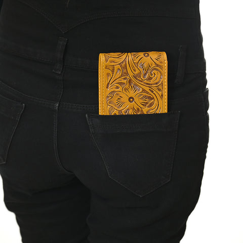 American Darling Hand Tooled Leather Bifold Wallet -Floral Carved Purse