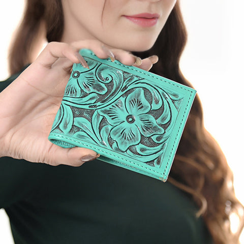 American Darling Hand Tooled Leather Bifold Wallet -Floral Carved Purse