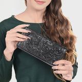 ADBG1269A Black Hand-Tooled Leather Long Wallet - Western Floral Design