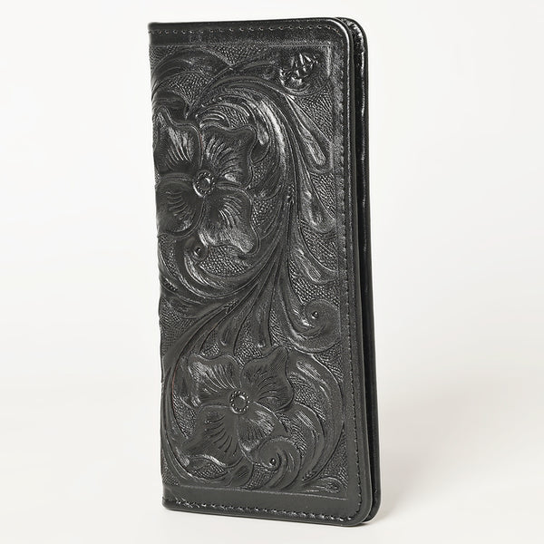 ADBG1269A Black Hand-Tooled Leather Long Wallet - Western Floral Design