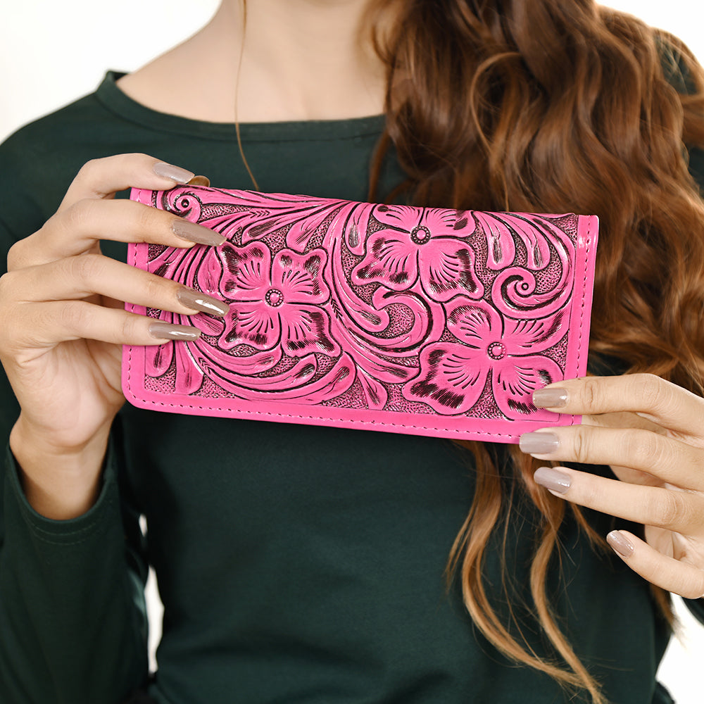 American Darling Pink Tooled Leather Wallet | Floral Carved Bifold