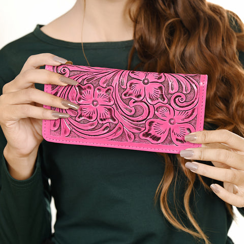 American Darling Pink Tooled Leather Wallet -Floral Carved Bifold