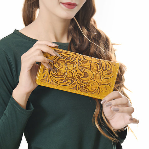 American Darling Hand-Tooled Genuine Leather Western Wallet Handbag - Floral Carved Women Wallet