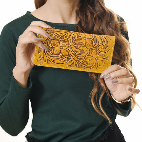 American Darling Hand-Tooled Genuine Leather Western Wallet Handbag - Floral Carved Women Wallet