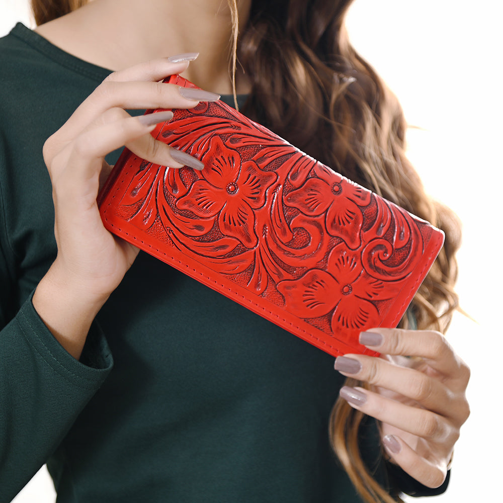 ADBG1269 Hand-Tooled Leather Long Wallet - Western Floral Rodeo Style
