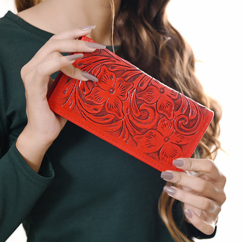 American Darling Hand-Tooled Genuine Leather Western Wallet Handbag - Floral Carved Women Wallet
