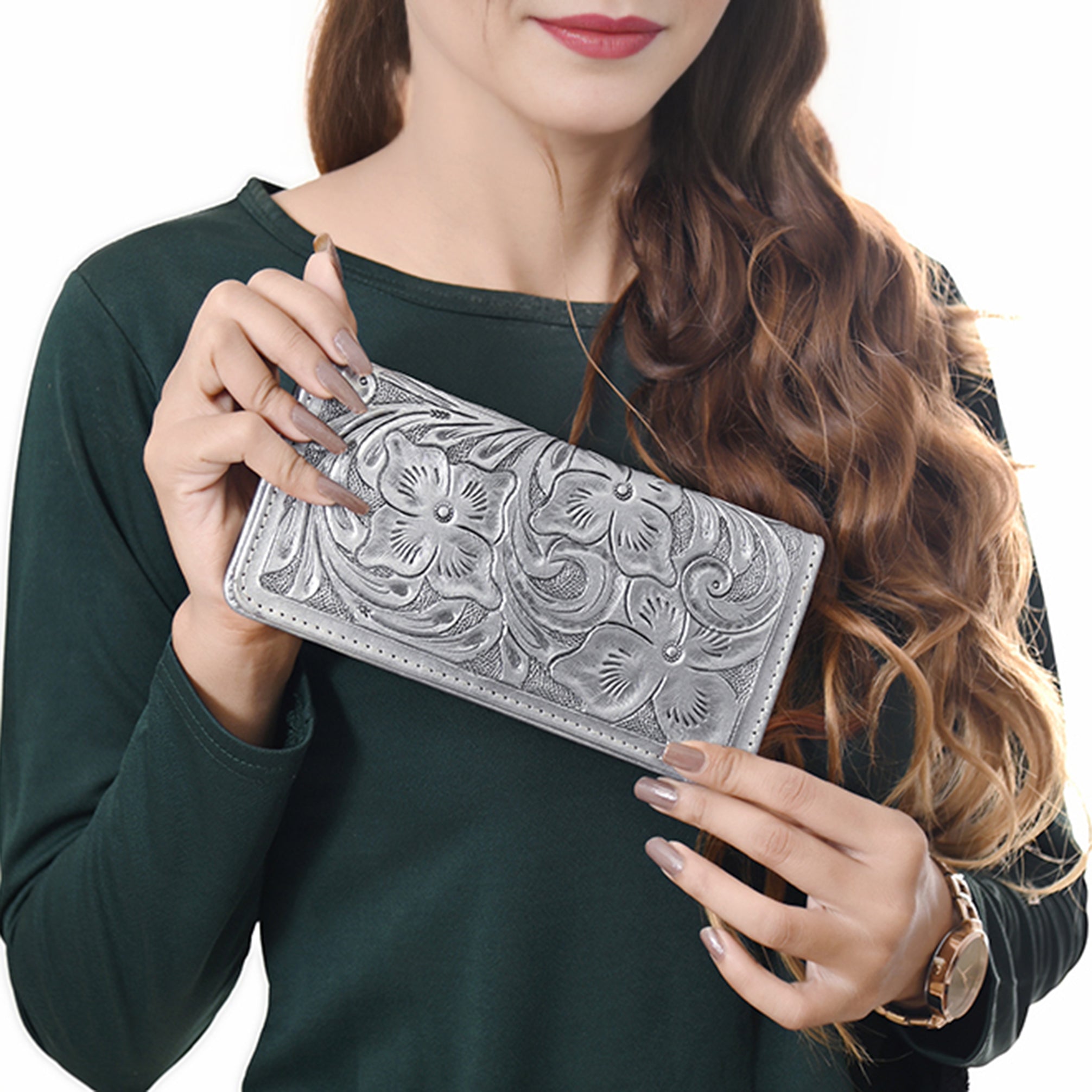 ADBG1269 Hand-Tooled Leather Long Wallet - Western Floral Rodeo Style