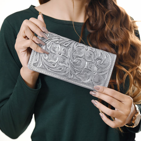 American Darling Hand-Tooled Genuine Leather Western Wallet Handbag - Floral Carved Women Wallet