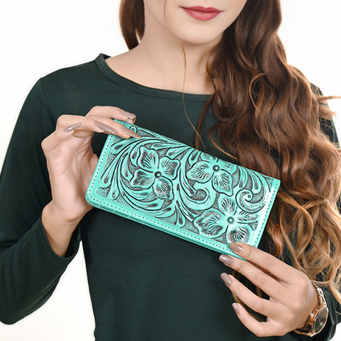 American Darling Hand-Tooled Genuine Leather Western Wallet Handbag - Floral Carved Women Wallet