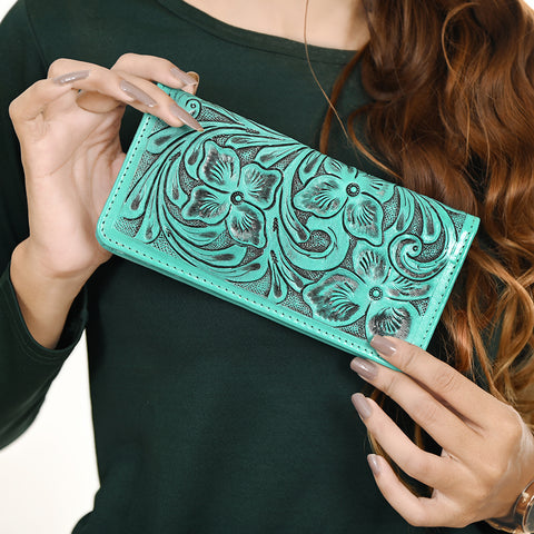 American Darling Hand-Tooled Genuine Leather Western Wallet Handbag - Floral Carved Women Wallet