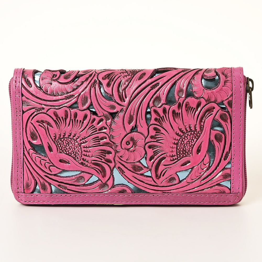 American Darling Pink Hand-Tooled Genuine Leather Western Wallet Bag with Floral Carving