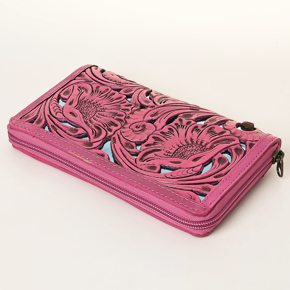 American Darling Pink Hand-Tooled Genuine Leather Western Wallet Bag with Floral Carving