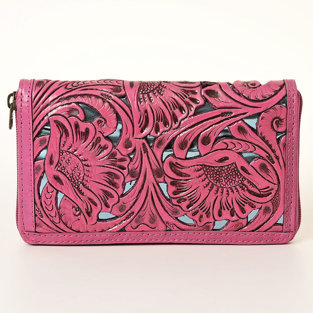 American Darling Pink Hand-Tooled Genuine Leather Western Wallet Bag with Floral Carving