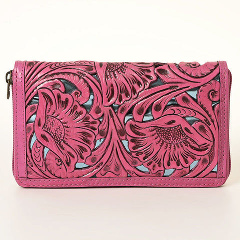 American Darling Pink Hand-Tooled Genuine Leather Western Wallet Bag with Floral Carving