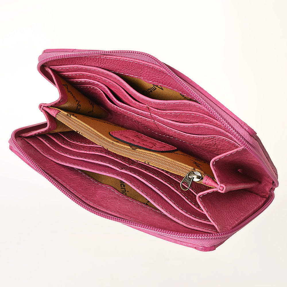 American Darling Pink Hand-Tooled Genuine Leather Western Wallet Bag with Floral Carving