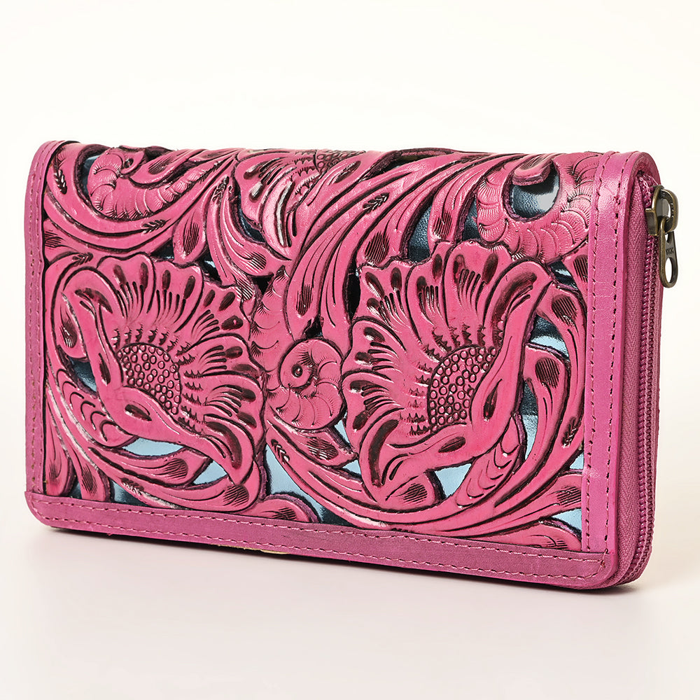 American Darling Pink Hand-Tooled Genuine Leather Western Wallet Bag with Floral Carving