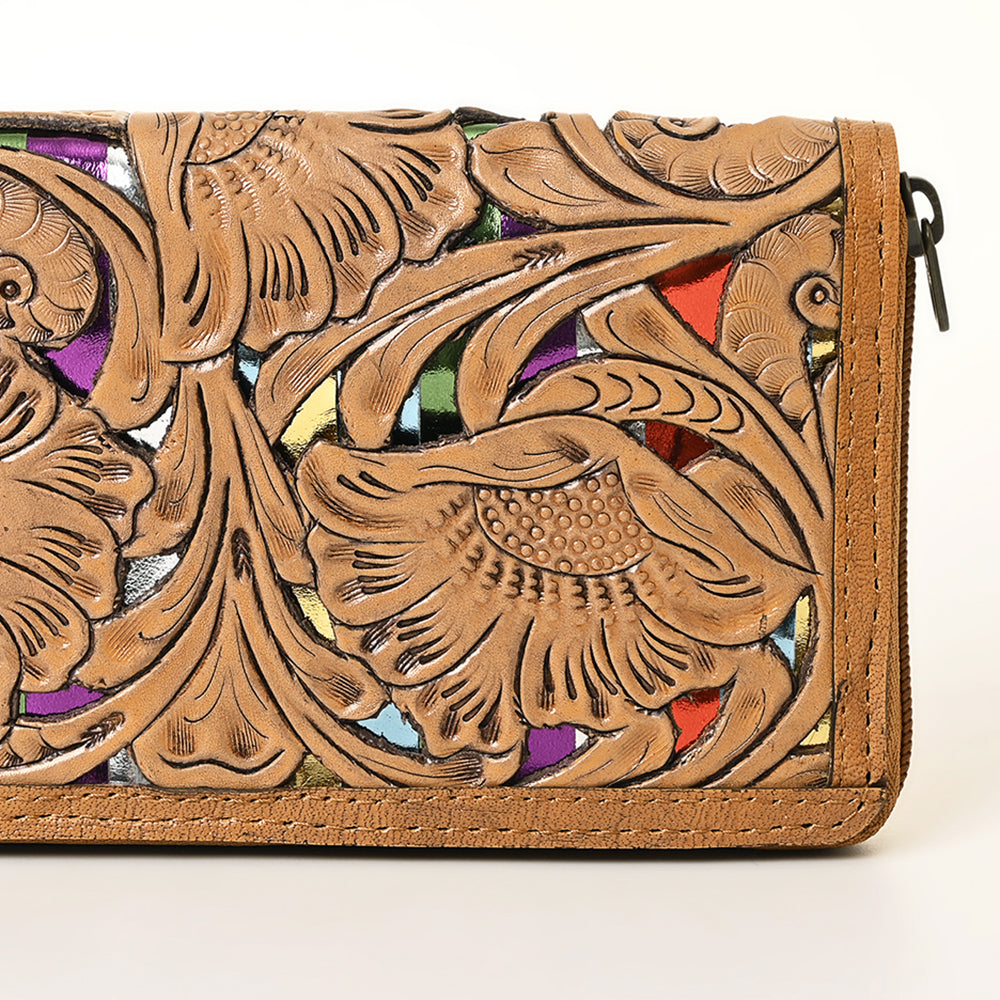 American Darling Hand-Tooled Genuine Leather Western Wallet Bag with Floral Carving