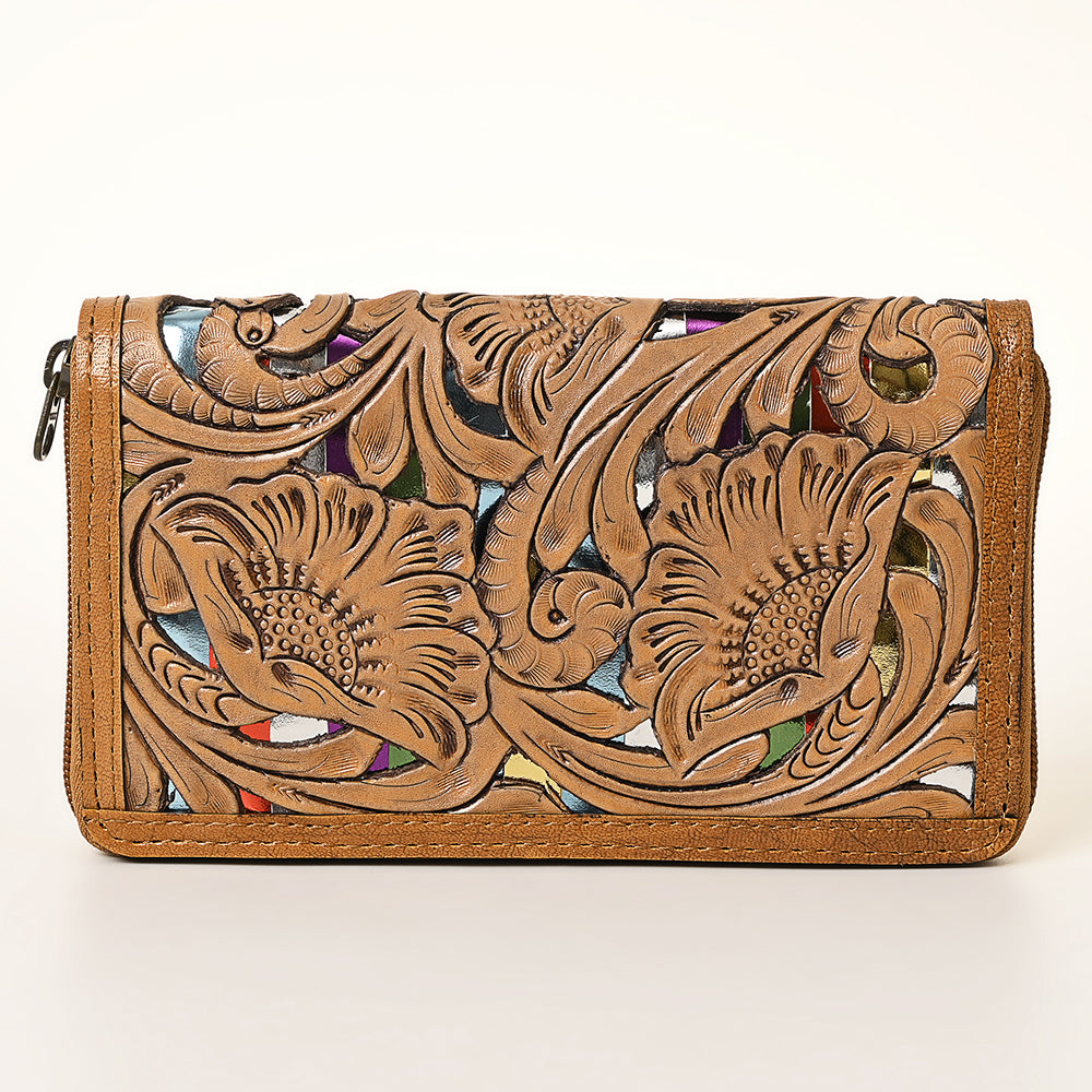 American Darling Hand-Tooled Genuine Leather Western Wallet Bag with Floral Carving