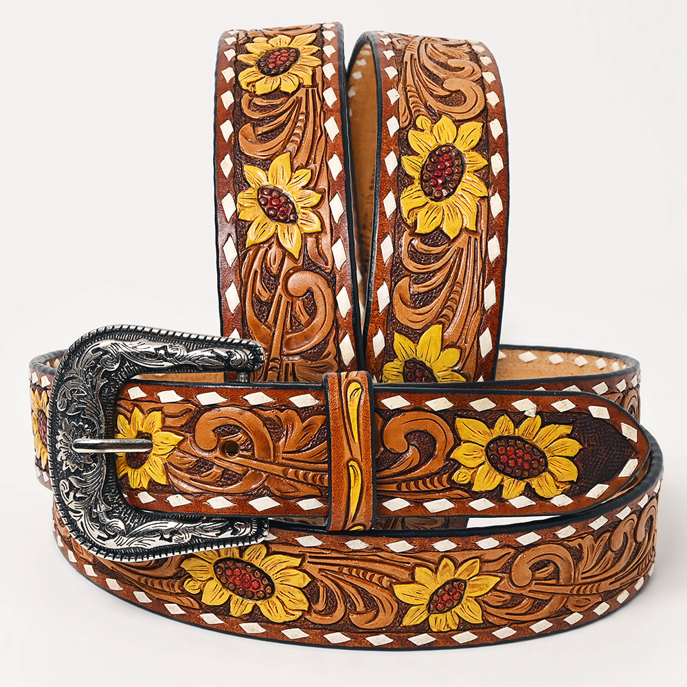 LC-ADBLF237 Sunflower Tooled Leather Western Belt with Whipstitch and Engraved Buckle