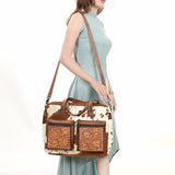 ADBG264 Hair on Hand Tooled Floral Western Tote Bag Genuine Embossed Cowhide Leather with Fringe and Adjustable Strap
