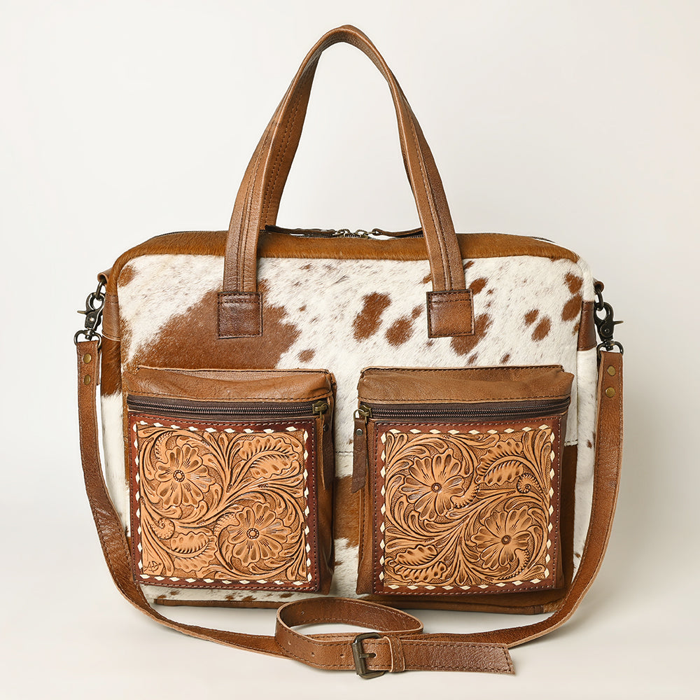 ADBG264 Hair on Hand Tooled Floral Western Tote Bag Genuine Embossed Cowhide Leather with Fringe and Adjustable Strap