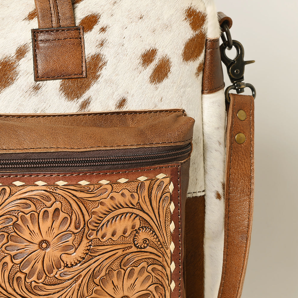 ADBG264 Hair on Hand Tooled Floral Western Tote Bag Genuine Embossed Cowhide Leather with Fringe and Adjustable Strap