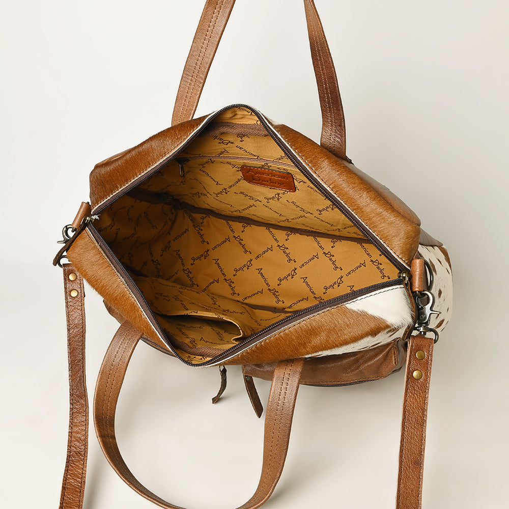 ADBG264 Hair on Hand Tooled Floral Western Tote Bag Genuine Embossed Cowhide Leather with Fringe and Adjustable Strap