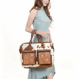 ADBG264 Hair on Hand Tooled Floral Western Tote Bag Genuine Embossed Cowhide Leather with Fringe and Adjustable Strap