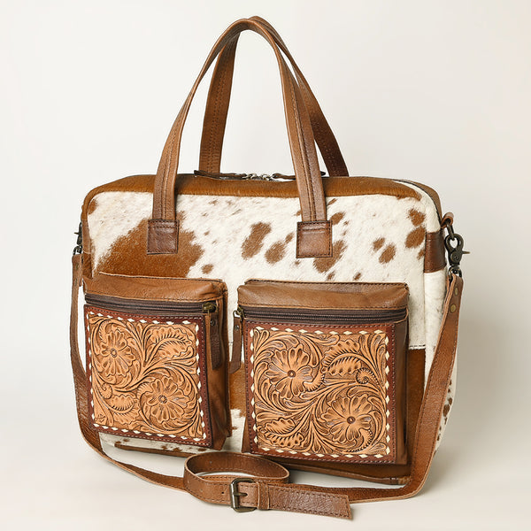 ADBG264 Hair on Hand Tooled Floral Western Tote Bag Genuine Embossed Cowhide Leather with Fringe and Adjustable Strap