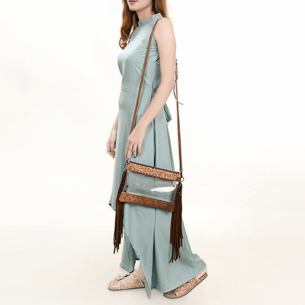 ADBG1174 Clear Stadium-Approved Crossbody Bag with Tooled Leather Trim - Western Style by American Darling