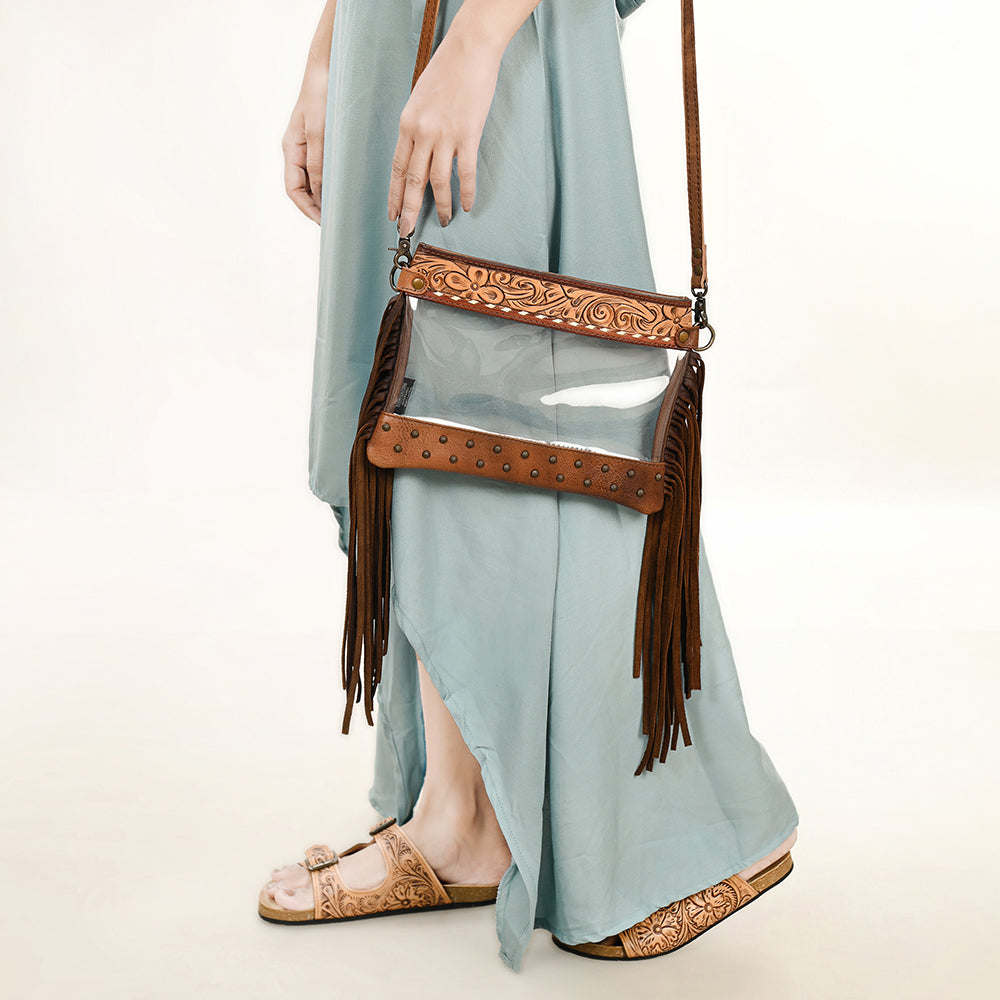 ADBG1174 Clear Stadium-Approved Crossbody Bag with Tooled Leather Trim - Western Style by American Darling