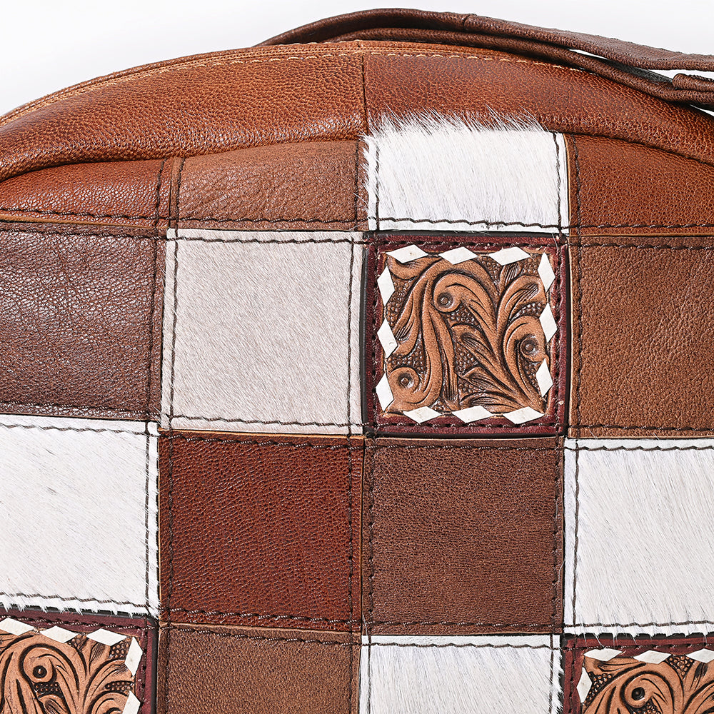American Darling Western Leather Crossbody Bag with Hair-On Cowhide Patches & Tooled Accents