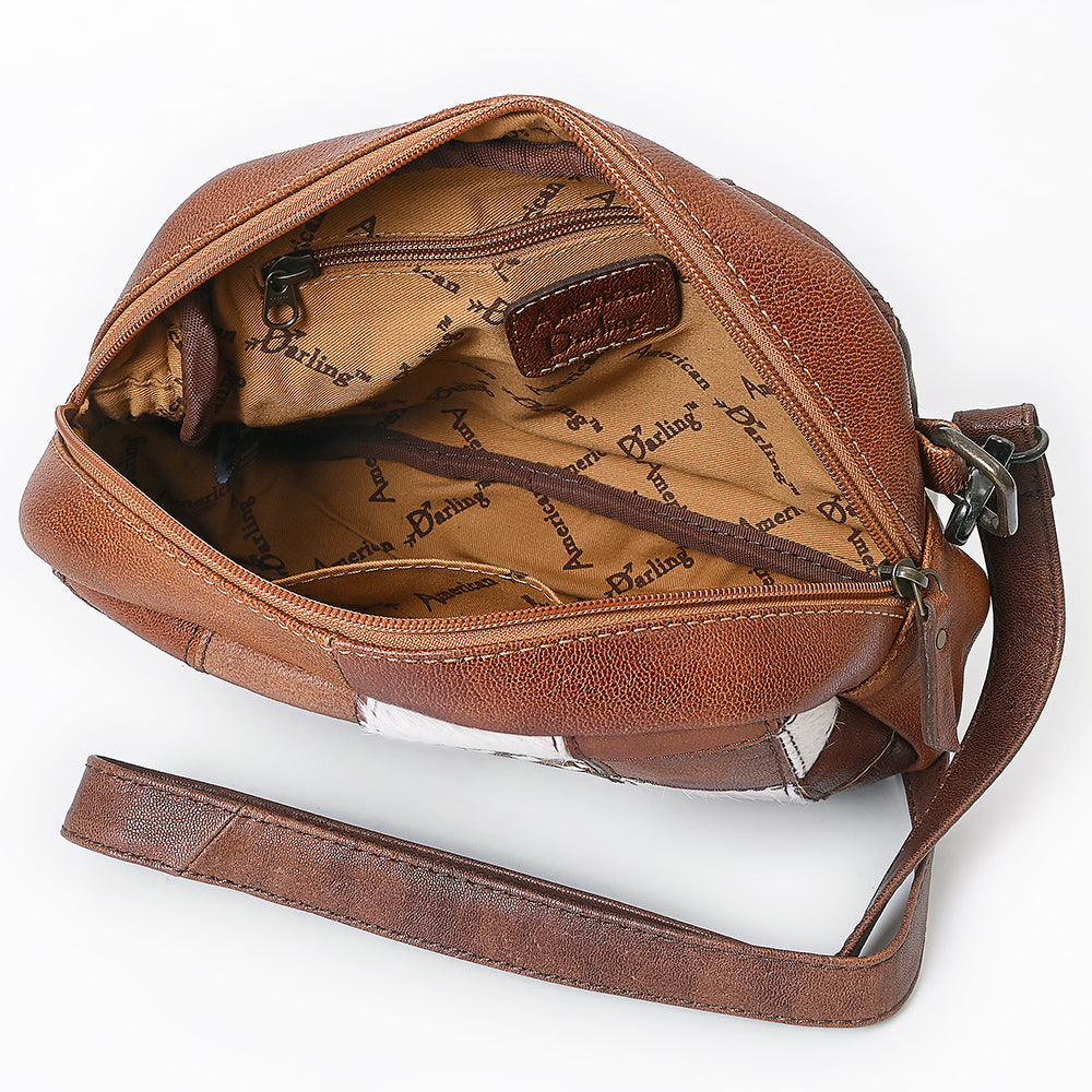 American Darling Western Leather Crossbody Bag with Hair-On Cowhide Patches & Tooled Accents