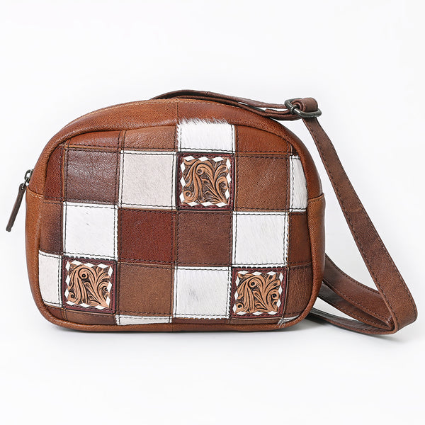 ADBG1323 Patchwork Hair-On Leather Crossbody Bag with Tooled Accents
