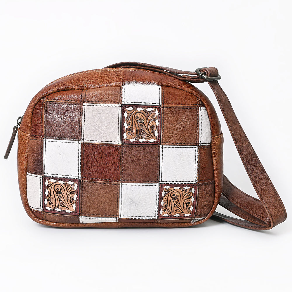 American Darling Western Leather Crossbody Bag with Hair-On Cowhide Patches & Tooled Accents