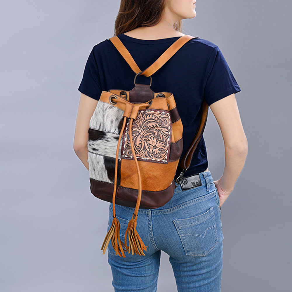 ADBG1324 Western Patchwork Leather & Cowhide Drawstring Backpack with Tooled Accent