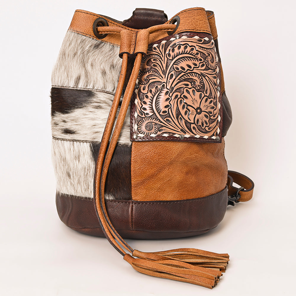 ADBG1324 Western Patchwork Leather & Cowhide Drawstring Backpack with Tooled Accent