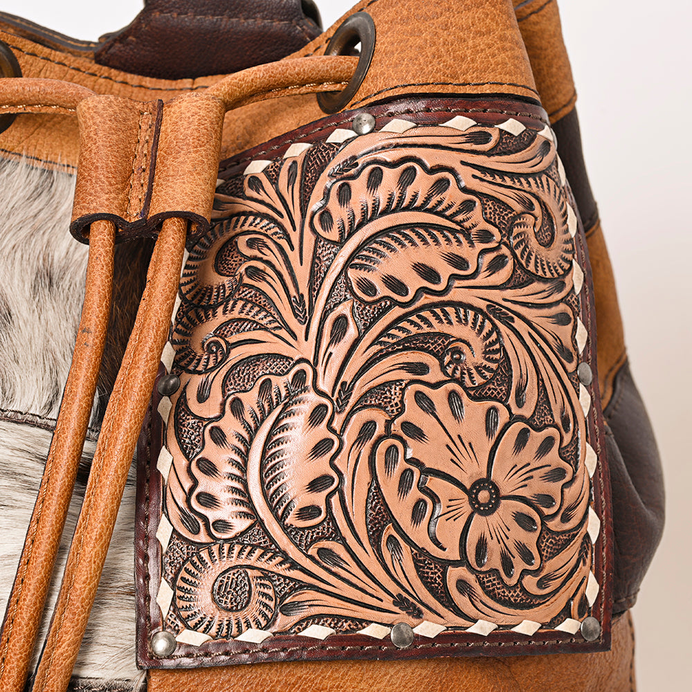ADBG1324 Western Patchwork Leather & Cowhide Drawstring Backpack with Tooled Accent