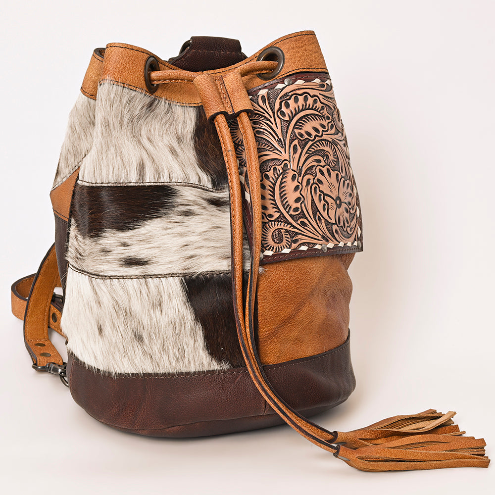 ADBG1324 Western Patchwork Leather & Cowhide Drawstring Backpack with Tooled Accent