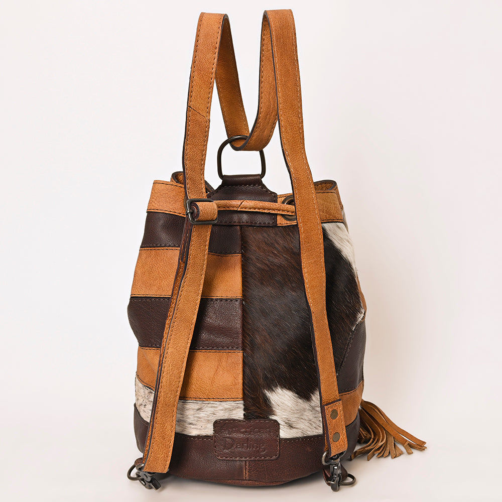 ADBG1324 Western Patchwork Leather & Cowhide Drawstring Backpack with Tooled Accent