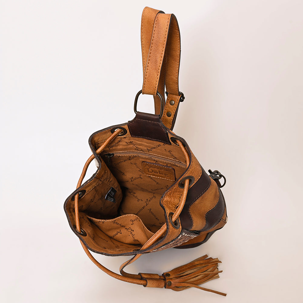 ADBG1324 Western Patchwork Leather & Cowhide Drawstring Backpack with Tooled Accent