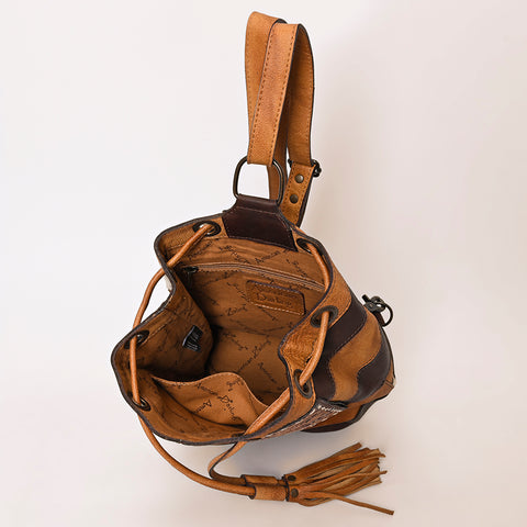 American Darling Western Leather Bucket Bag with Hair-On Cowhide Patches & Tooled Leather Accent